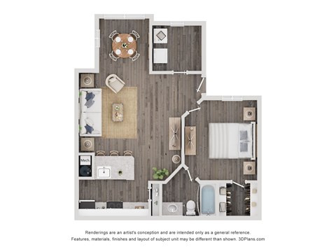 Floor plan for 1 bed, 1 bath, 698 sqft